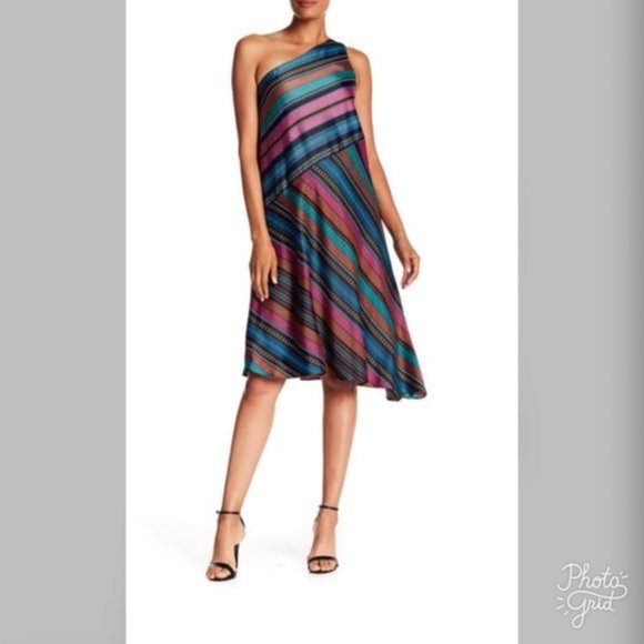 New Maggy London One Shoulder Striped Dress SZ 8 - Picture 1 of 2